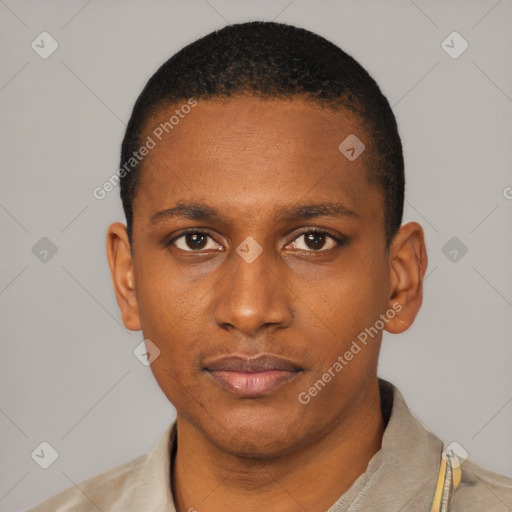 Neutral black young-adult male with short  black hair and brown eyes