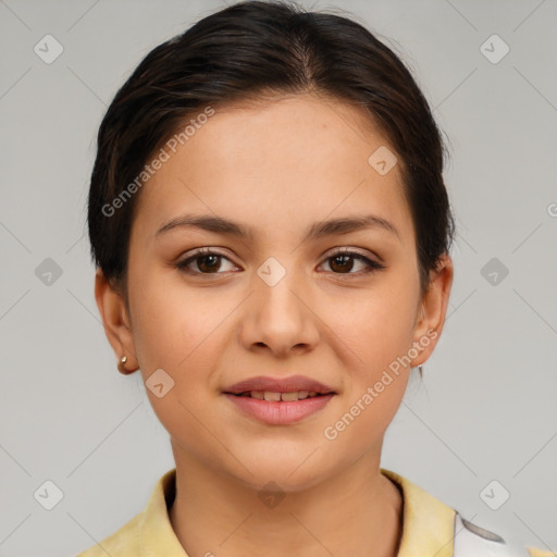 Joyful white young-adult female with medium  brown hair and brown eyes