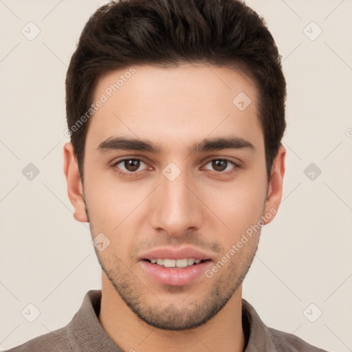 Joyful white young-adult male with short  brown hair and brown eyes