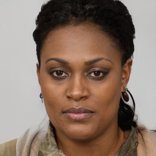 Neutral black young-adult female with short  black hair and brown eyes