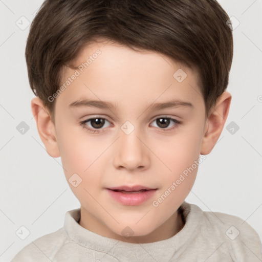 Joyful white child male with short  brown hair and brown eyes