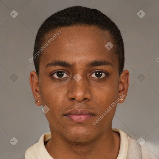Neutral black young-adult male with short  brown hair and brown eyes
