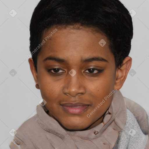 Neutral black young-adult female with short  black hair and brown eyes