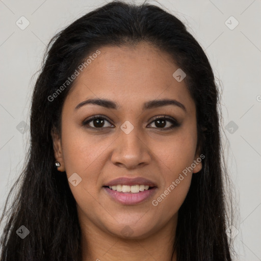 Joyful latino young-adult female with long  brown hair and brown eyes