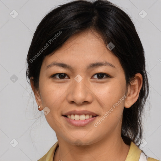 Joyful white young-adult female with medium  brown hair and brown eyes