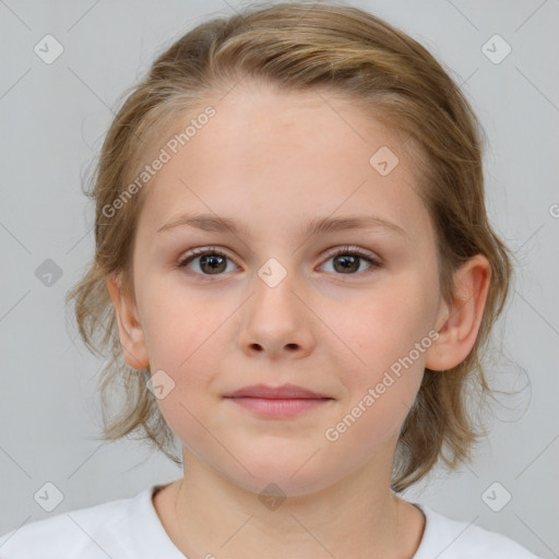 Joyful white child female with medium  brown hair and blue eyes