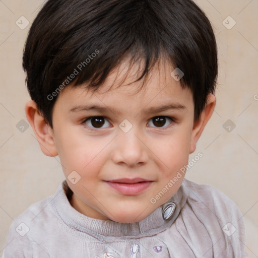 Joyful white child female with short  brown hair and brown eyes