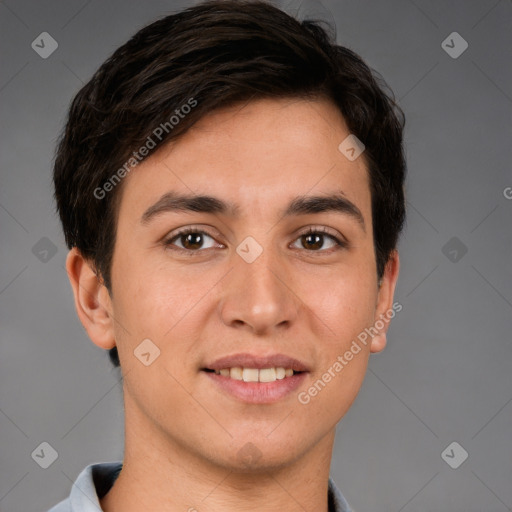 Joyful white young-adult male with short  brown hair and brown eyes