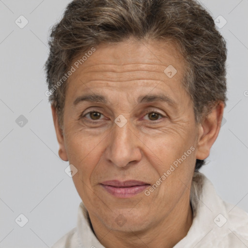 Joyful white middle-aged male with short  brown hair and brown eyes