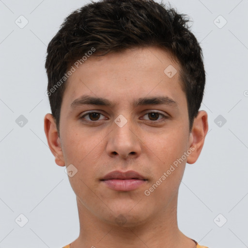 Neutral white young-adult male with short  brown hair and brown eyes