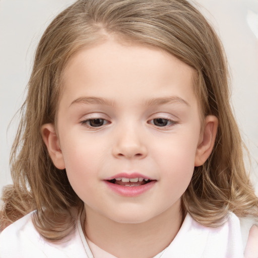 Joyful white child female with medium  brown hair and brown eyes