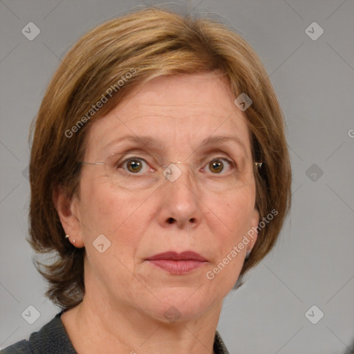 Joyful white adult female with medium  brown hair and blue eyes