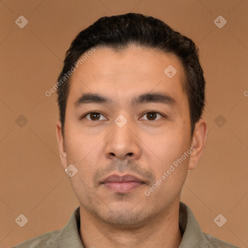 Neutral asian young-adult male with short  black hair and brown eyes