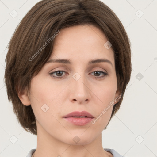 Neutral white young-adult female with medium  brown hair and brown eyes