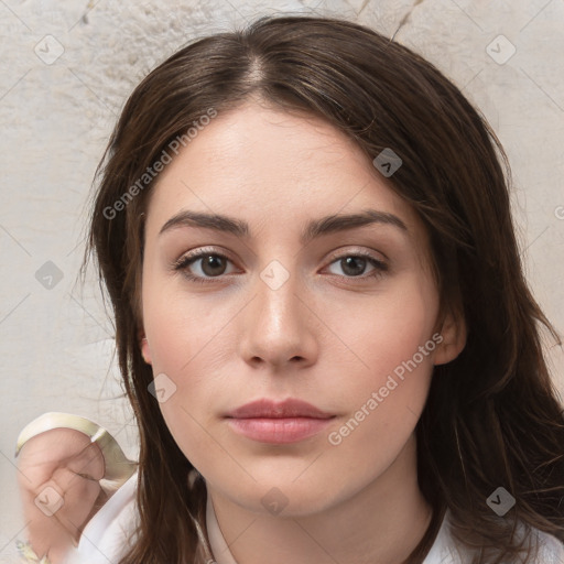 Neutral white young-adult female with medium  brown hair and brown eyes