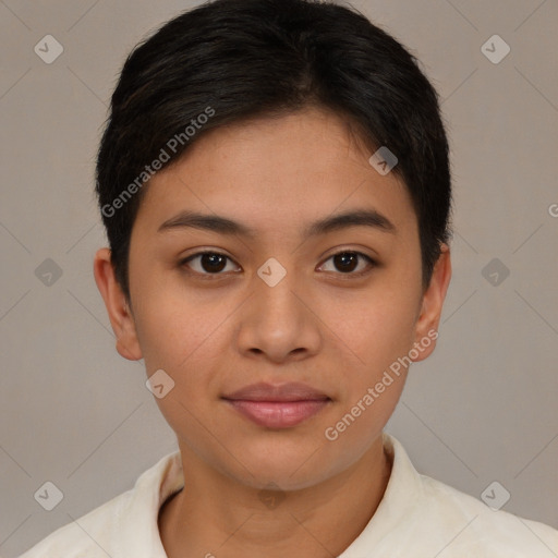 Joyful asian young-adult female with short  brown hair and brown eyes