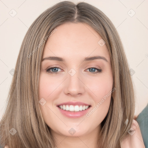 Joyful white young-adult female with long  brown hair and grey eyes