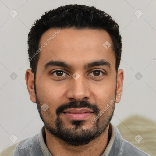 Neutral latino young-adult male with short  black hair and brown eyes