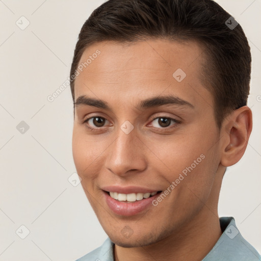 Joyful white young-adult female with short  brown hair and brown eyes