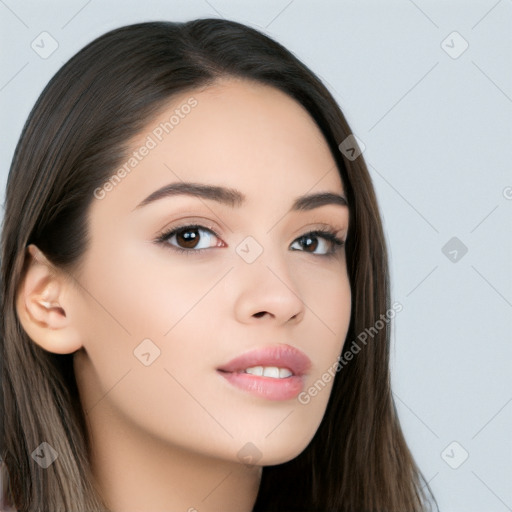 Neutral white young-adult female with long  brown hair and brown eyes