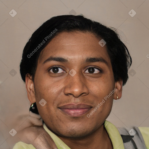 Joyful asian young-adult male with short  black hair and brown eyes