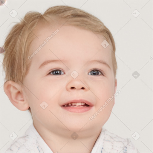 Joyful white child female with short  brown hair and blue eyes