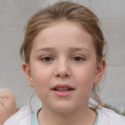 Joyful white child female with medium  brown hair and blue eyes