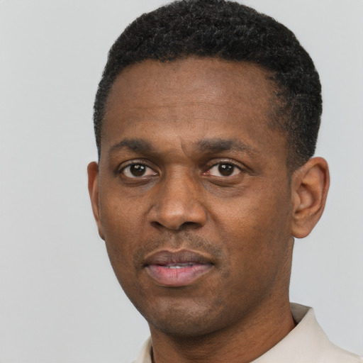 Neutral black adult male with short  black hair and brown eyes