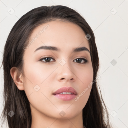 Neutral white young-adult female with long  brown hair and brown eyes