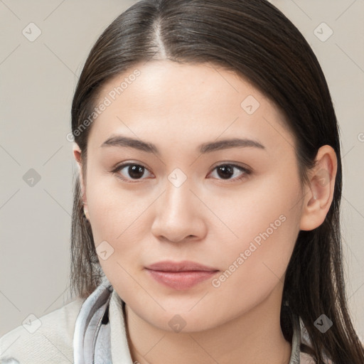 Neutral white young-adult female with medium  brown hair and brown eyes