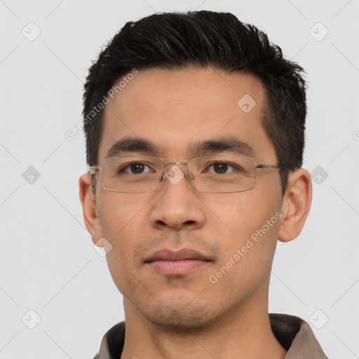 Neutral asian young-adult male with short  black hair and brown eyes