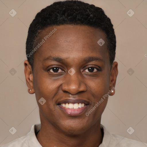 Joyful black young-adult male with short  brown hair and brown eyes