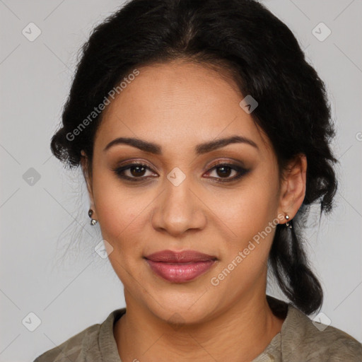 Joyful latino young-adult female with medium  black hair and brown eyes