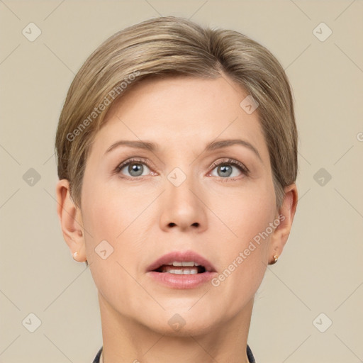 Neutral white adult female with short  brown hair and grey eyes