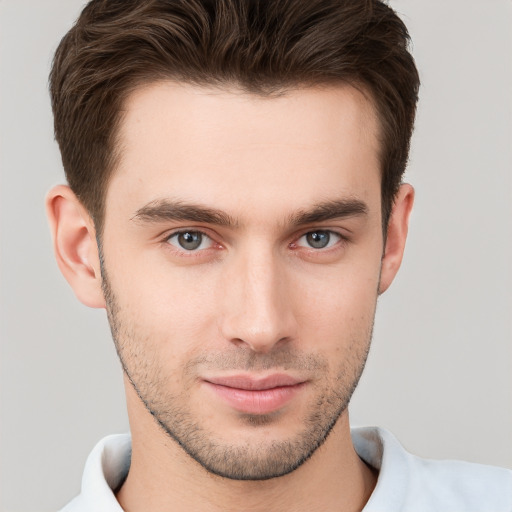 Neutral white young-adult male with short  brown hair and brown eyes