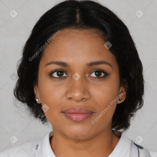 Joyful black young-adult female with medium  brown hair and brown eyes