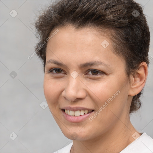 Joyful white young-adult female with short  brown hair and brown eyes