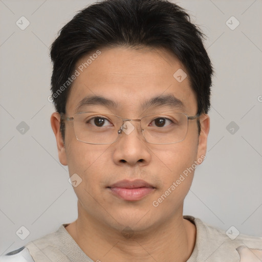 Neutral asian young-adult male with short  brown hair and brown eyes