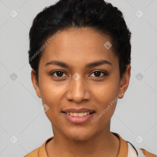 Joyful latino young-adult female with short  black hair and brown eyes