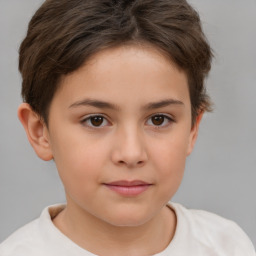 Joyful white child female with short  brown hair and brown eyes