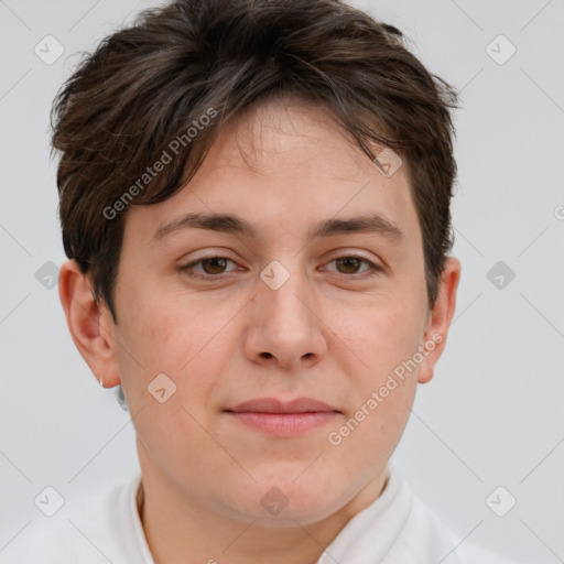 Joyful white adult female with short  brown hair and brown eyes