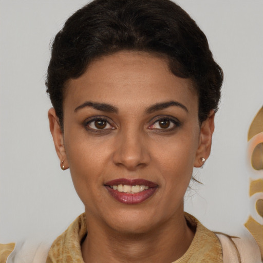 Joyful latino young-adult female with short  brown hair and brown eyes