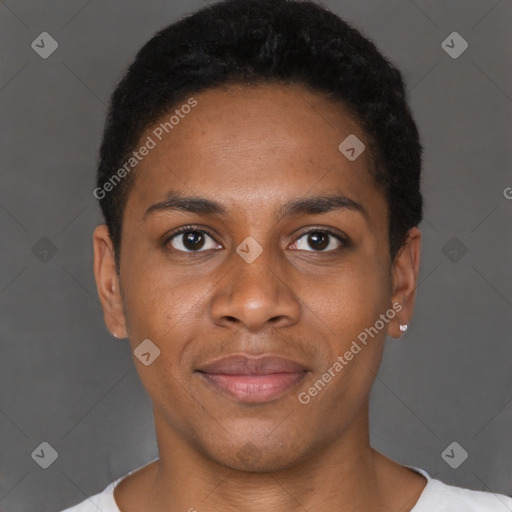 Joyful black young-adult male with short  brown hair and brown eyes