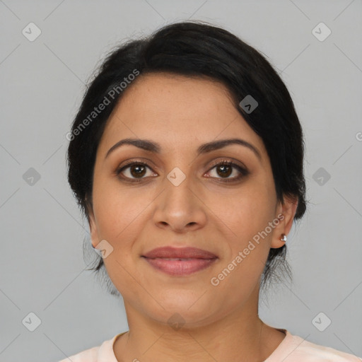 Joyful latino young-adult female with medium  black hair and brown eyes