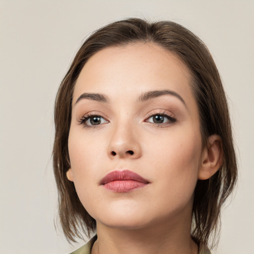 Neutral white young-adult female with medium  brown hair and brown eyes