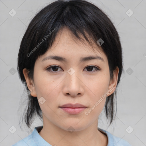 Neutral asian young-adult female with medium  brown hair and brown eyes