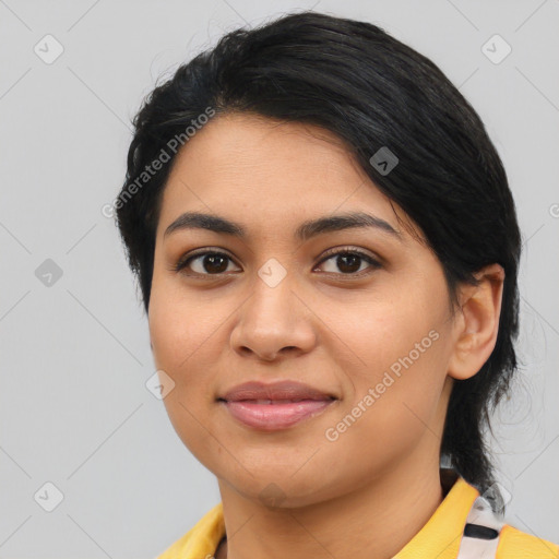 Joyful asian young-adult female with medium  black hair and brown eyes