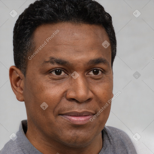 Joyful latino adult male with short  brown hair and brown eyes