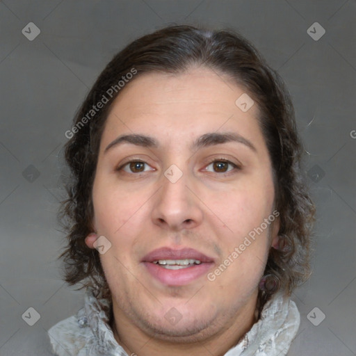 Joyful white adult female with medium  brown hair and brown eyes