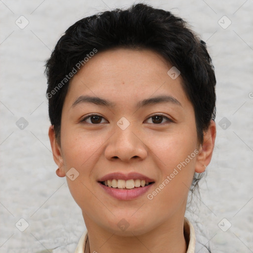 Joyful asian young-adult female with short  black hair and brown eyes